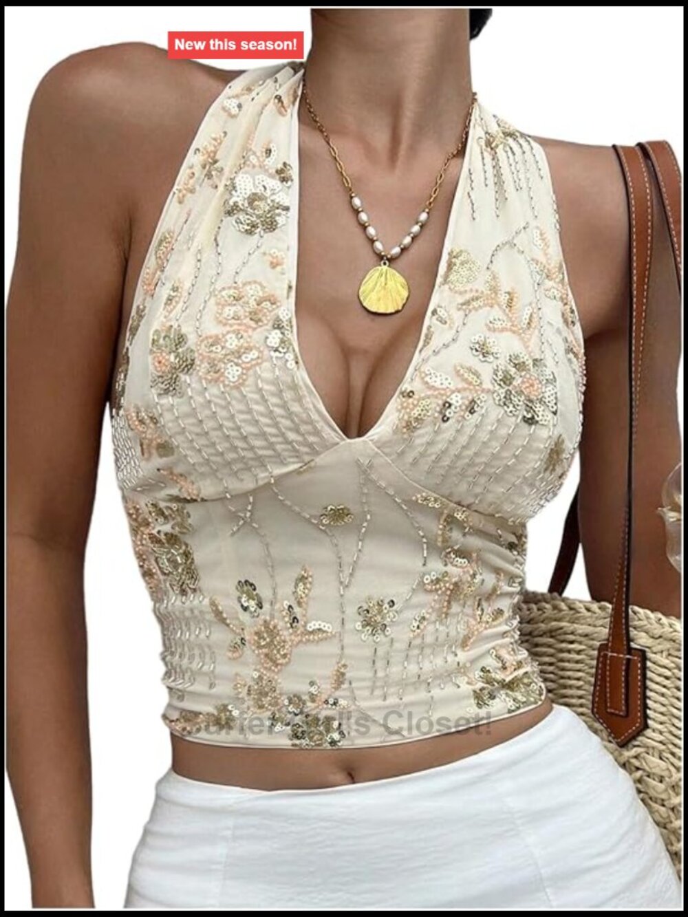 Sequin Floral Halter Crop Top Sleeveless Y2K Backless Tank